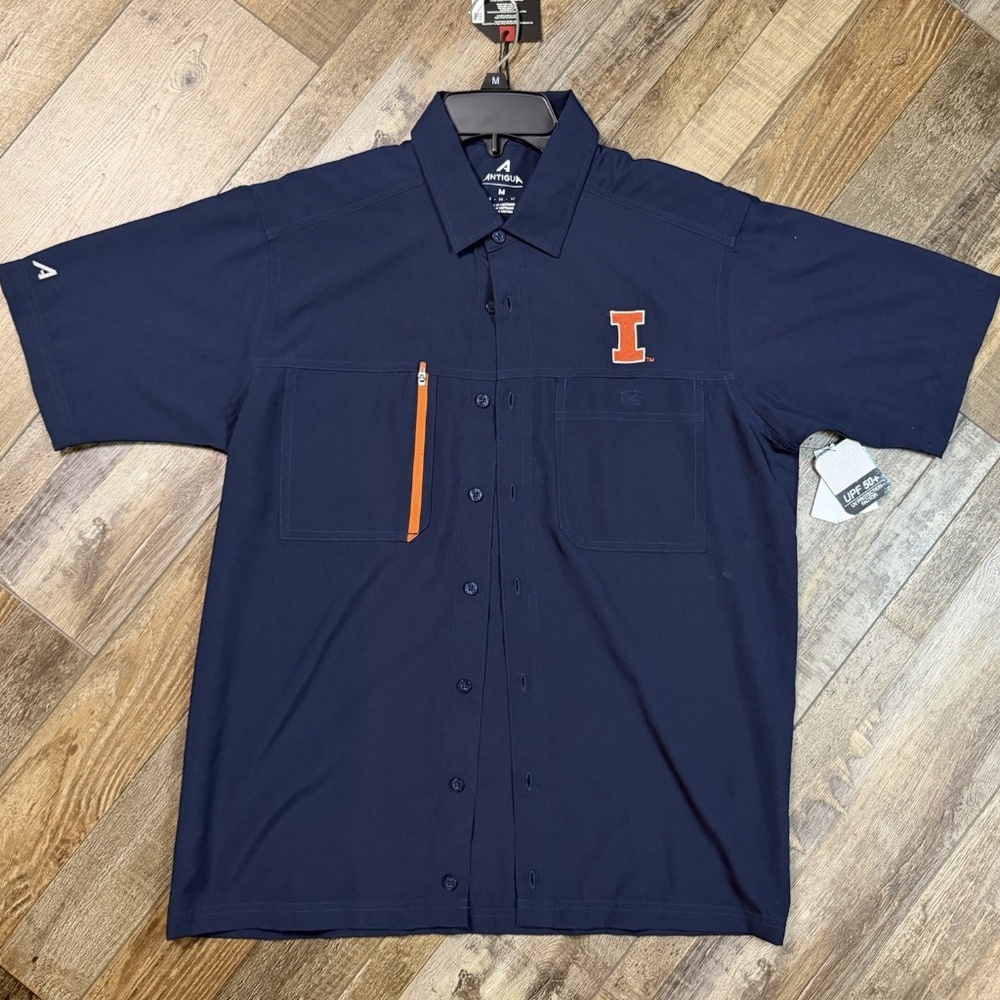 Antigua Mens Illinois Illini Short Sleeve Button Down Shirt Small & Medium NWT